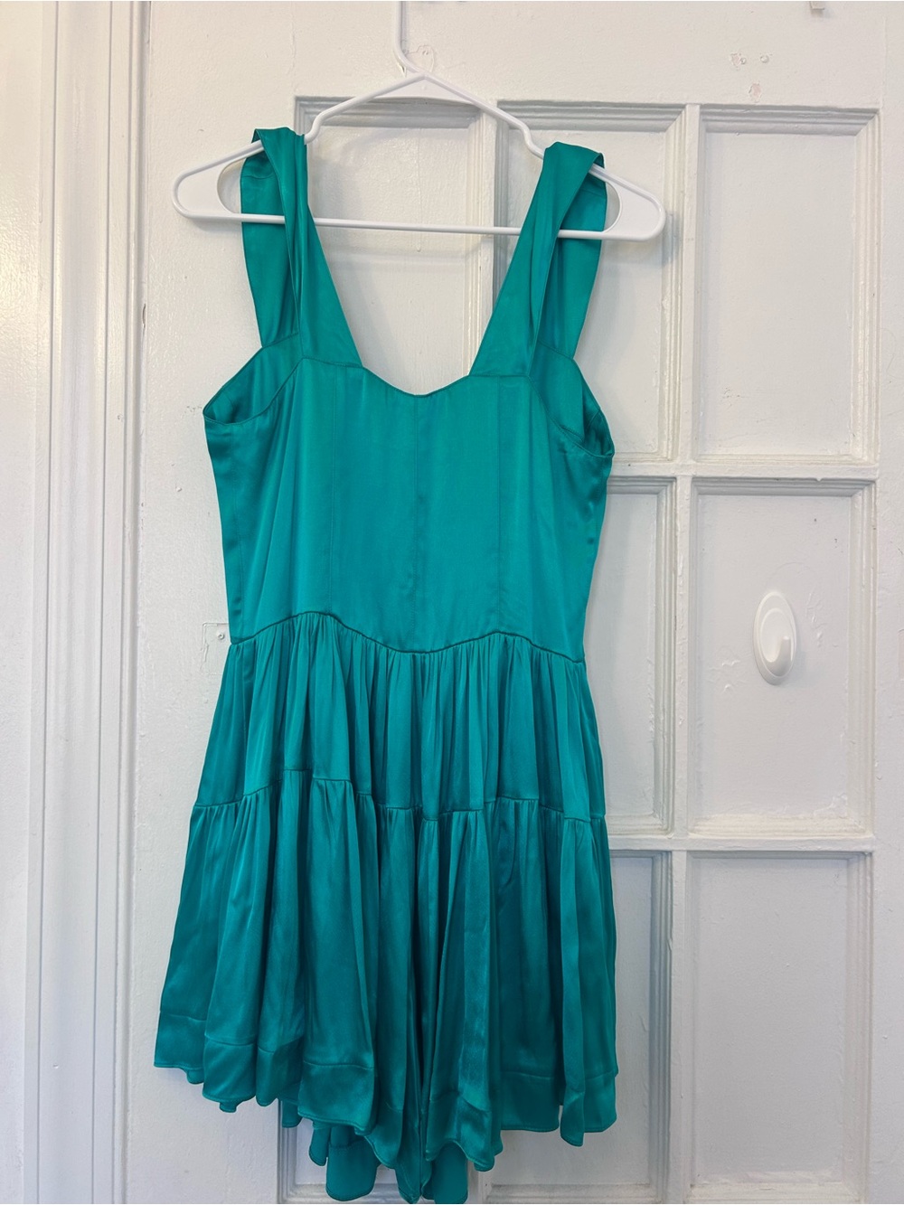 Vanessa Mooney Elisabeth Mini Dress Style Button Down Satin Silky Romper Emerald - Picture 4 of 5